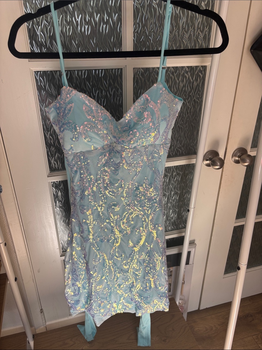 Amazon Light Blue Sequin Spaghetti Strap Prom Dress